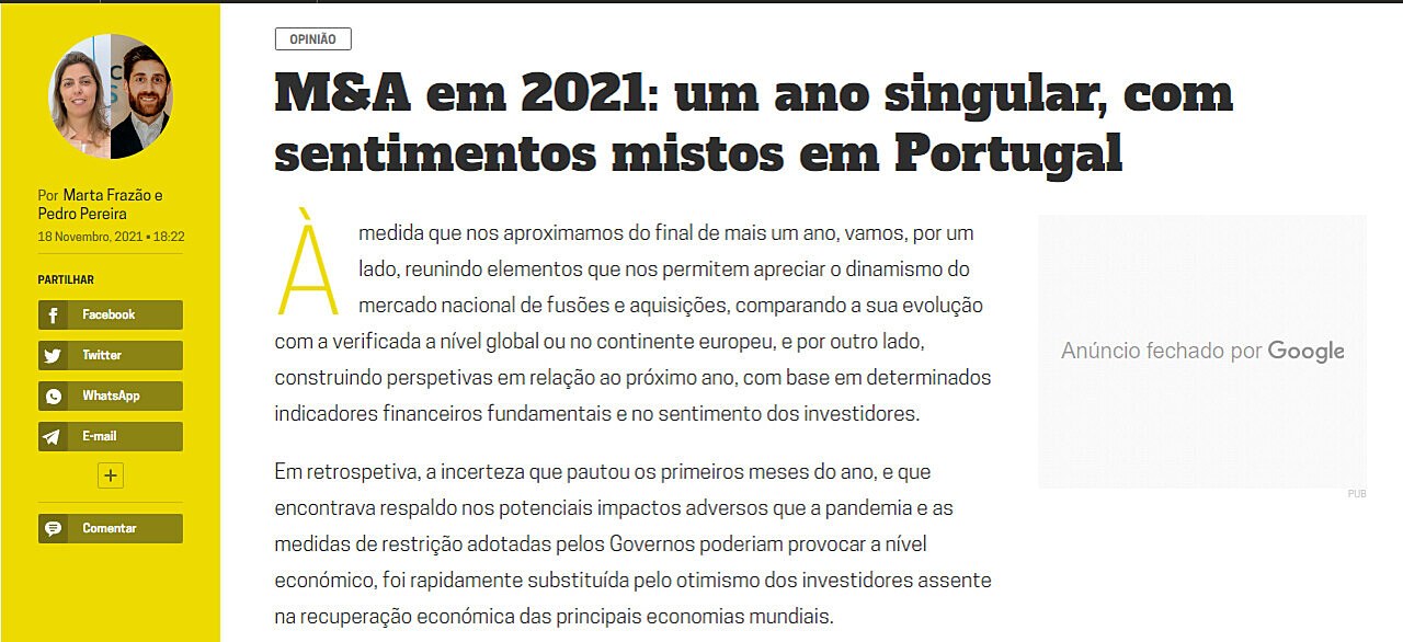 M&A em 2021: um ano singular, com sentimentos mistos em Portugal